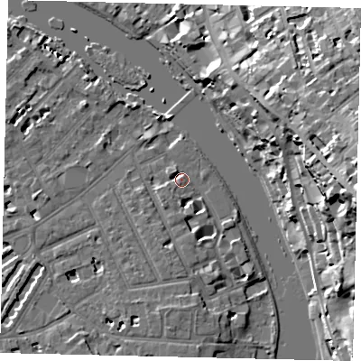 Shaded relief map of the ground around TW12HU, computed from Environment Agency LiDAR. The ground here sits at about 6 m above sea level and falls 31 m across the surrounding 800 m. Surface water reaching this point runs off ground lying to the south-west, 3.4 m higher.