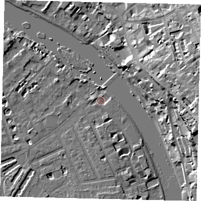 Shaded relief map of the ground around TW12HY, computed from Environment Agency LiDAR. The ground here sits at about 4 m above sea level and falls 27 m across the surrounding 800 m. Surface water reaching this point runs off ground lying to the south, 3.7 m higher.