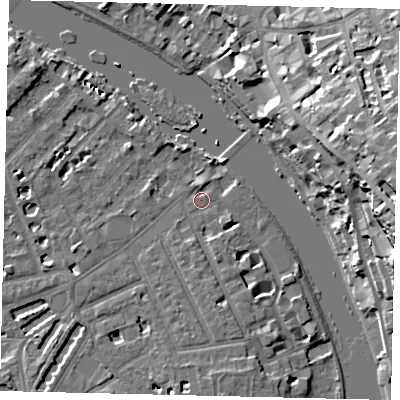 Shaded relief map of the ground around TW12HZ, computed from Environment Agency LiDAR. The ground here sits at about 5 m above sea level and falls 25 m across the surrounding 800 m. Surface water reaching this point runs off ground lying to the south, 3.2 m higher.