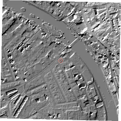 Shaded relief map of the ground around TW12JA, computed from Environment Agency LiDAR. The ground here sits at about 5 m above sea level and falls 24 m across the surrounding 800 m. Surface water reaching this point runs off ground lying to the south-south-east, 3.2 m higher.