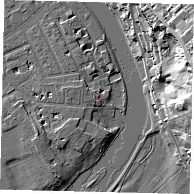 Shaded relief map of the ground around TW12JP, computed from Environment Agency LiDAR. The ground here sits at about 7 m above sea level and falls 37 m across the surrounding 800 m. Surface water reaching this point runs off ground lying to the west-north-west, 2.3 m higher.
