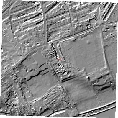 Shaded relief map of the ground around TW12NQ, computed from Environment Agency LiDAR. The ground here sits at about 8 m above sea level and falls 7 m across the surrounding 800 m. Surface water reaching this point runs off ground lying to the west-north-west, 2.5 m higher.