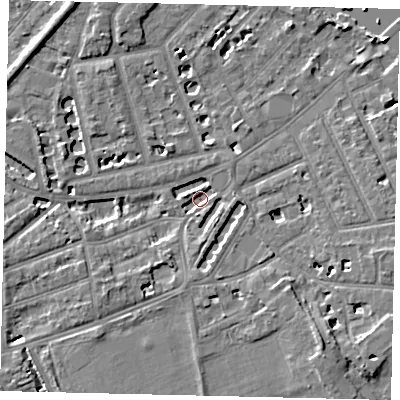 Shaded relief map of the ground around TW12PB, computed from Environment Agency LiDAR. The ground here sits at about 4 m above sea level and falls 7 m across the surrounding 800 m. Surface water reaching this point runs off ground lying to the south-east, 6.8 m higher.