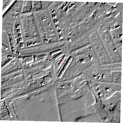 Shaded relief map of the ground around TW12PD, computed from Environment Agency LiDAR. The ground here sits at about 5 m above sea level and falls 7 m across the surrounding 800 m. Surface water reaching this point runs off ground lying to the south-west, 3.7 m higher.