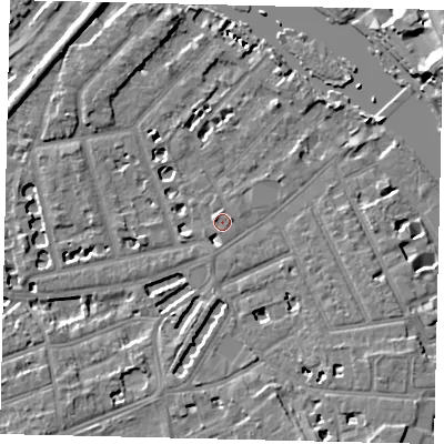 Shaded relief map of the ground around TW12PT, computed from Environment Agency LiDAR. The ground here sits at about 7 m above sea level and falls 12 m across the surrounding 800 m. Surface water reaching this point runs off ground lying to the west-north-west, 1.1 m higher.