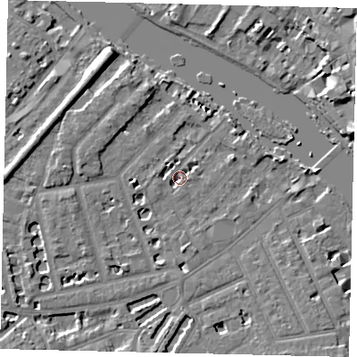 Shaded relief map of the ground around TW12PX, computed from Environment Agency LiDAR. The ground here sits at about 4 m above sea level and falls 10 m across the surrounding 800 m. Surface water reaching this point runs off ground lying to the south-west, 2.4 m higher.