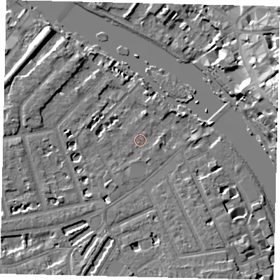 Shaded relief map of the ground around TW12PY, computed from Environment Agency LiDAR. The ground here sits at about 5 m above sea level and falls 18 m across the surrounding 800 m. Surface water reaching this point runs off ground lying to the south-west, 2.1 m higher.