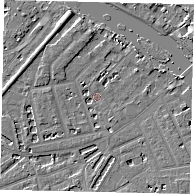 Shaded relief map of the ground around TW12QA, computed from Environment Agency LiDAR. The ground here sits at about 6 m above sea level and falls 9 m across the surrounding 800 m. Surface water reaching this point runs off ground lying to the west-north-west, 0.7 m higher.