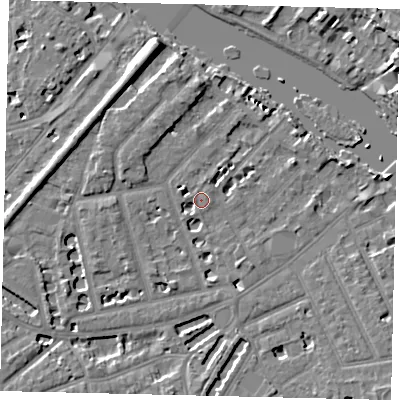 Shaded relief map of the ground around TW12QB, computed from Environment Agency LiDAR. The ground here sits at about 6 m above sea level and falls 9 m across the surrounding 800 m. Surface water reaching this point runs off ground lying to the west-north-west, 1.9 m higher.