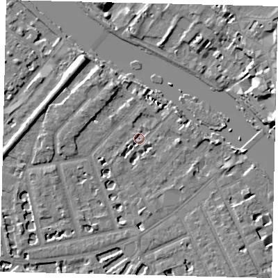 Shaded relief map of the ground around TW12QD, computed from Environment Agency LiDAR. The ground here sits at about 5 m above sea level and falls 11 m across the surrounding 800 m. Surface water reaching this point runs off ground lying to the south-west, 2.5 m higher.