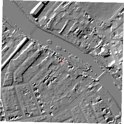 Shaded relief map of the ground around TW12QE, computed from Environment Agency LiDAR. The ground here sits at about 4 m above sea level and falls 16 m across the surrounding 800 m. Surface water reaching this point runs off ground lying to the east, 13.9 m higher.