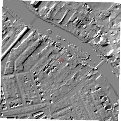 Shaded relief map of the ground around TW12QF, computed from Environment Agency LiDAR. The ground here sits at about 5 m above sea level and falls 16 m across the surrounding 800 m. Surface water reaching this point runs off ground lying to the west-south-west, 3.8 m higher.