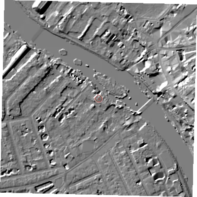 Shaded relief map of the ground around TW12QG, computed from Environment Agency LiDAR. The ground here sits at about 6 m above sea level and falls 20 m across the surrounding 800 m. Surface water reaching this point runs off ground lying to the west-south-west, 3.8 m higher.