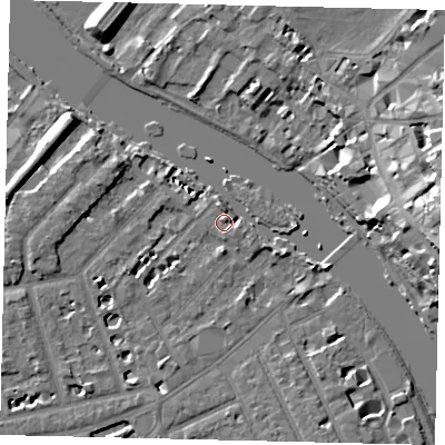 Shaded relief map of the ground around TW12QH, computed from Environment Agency LiDAR. The ground here sits at about 5 m above sea level and falls 18 m across the surrounding 800 m. Surface water reaching this point runs off ground lying to the north, 1.3 m higher.