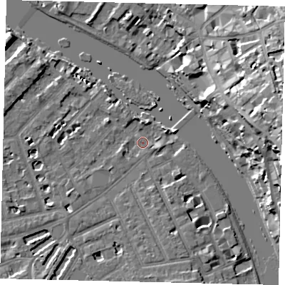 Shaded relief map of the ground around TW12QJ, computed from Environment Agency LiDAR. The ground here sits at about 5 m above sea level and falls 23 m across the surrounding 800 m. Surface water reaching this point runs off ground lying to the south, 4.3 m higher.
