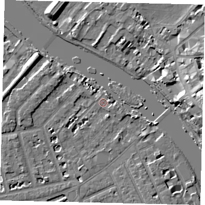 Shaded relief map of the ground around TW12QN, computed from Environment Agency LiDAR. The ground here sits at about 5 m above sea level and falls 18 m across the surrounding 800 m. Surface water reaching this point runs off ground lying to the west-south-west, 3.8 m higher.