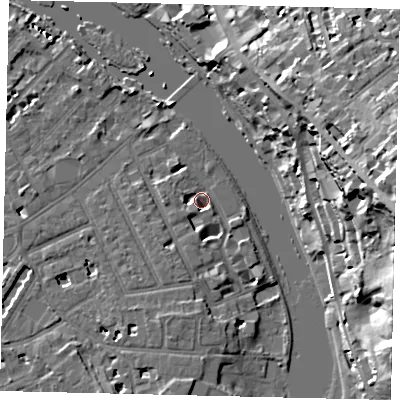 Shaded relief map of the ground around TW12TA, computed from Environment Agency LiDAR. The ground here sits at about 5 m above sea level and falls 32 m across the surrounding 800 m. Surface water reaching this point runs off ground lying to the south-west, 3.4 m higher.