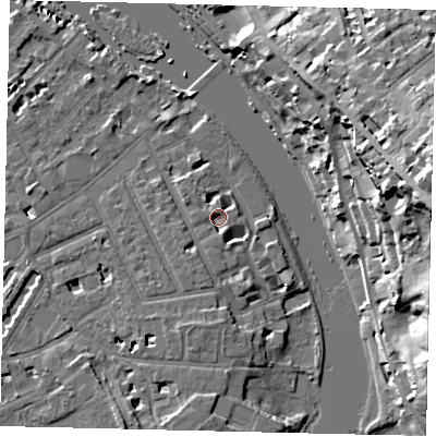 Shaded relief map of the ground around TW12TB, computed from Environment Agency LiDAR. The ground here sits at about 6 m above sea level and falls 32 m across the surrounding 800 m. Surface water reaching this point runs off ground lying to the west-north-west, 2.5 m higher.