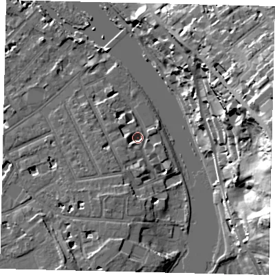 Shaded relief map of the ground around TW12TD, computed from Environment Agency LiDAR. The ground here sits at about 5 m above sea level and falls 35 m across the surrounding 800 m. Surface water reaching this point runs off ground lying to the south-west, 2.6 m higher.
