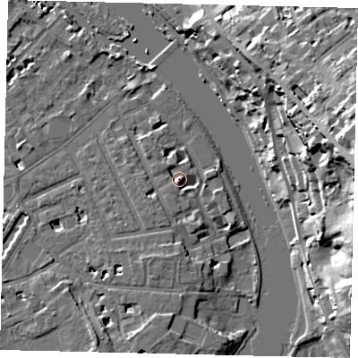 Shaded relief map of the ground around TW12TE, computed from Environment Agency LiDAR. The ground here sits at about 6 m above sea level and falls 32 m across the surrounding 800 m. Surface water reaching this point runs off ground lying to the south-west, 2.3 m higher.