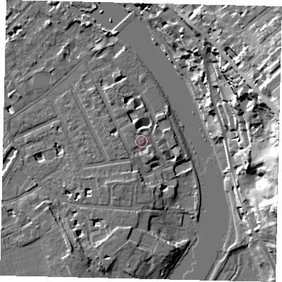 Shaded relief map of the ground around TW12TL, computed from Environment Agency LiDAR. The ground here sits at about 6 m above sea level and falls 32 m across the surrounding 800 m. Surface water reaching this point runs off ground lying to the south-west, 1.8 m higher.