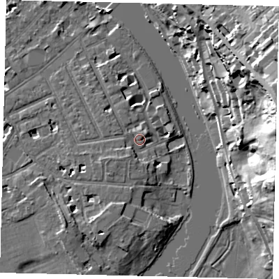 Shaded relief map of the ground around TW12TN, computed from Environment Agency LiDAR. The ground here sits at about 7 m above sea level and falls 34 m across the surrounding 800 m. Surface water reaching this point runs off ground lying to the west-south-west, 2.2 m higher.