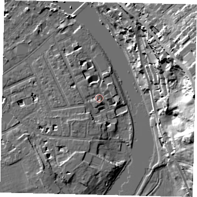 Shaded relief map of the ground around TW12TQ, computed from Environment Agency LiDAR. The ground here sits at about 6 m above sea level and falls 35 m across the surrounding 800 m. Surface water reaching this point runs off ground lying to the south-south-east, 2.3 m higher.