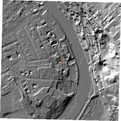 Shaded relief map of the ground around TW12TR, computed from Environment Agency LiDAR. The ground here sits at about 6 m above sea level and falls 37 m across the surrounding 800 m. Surface water reaching this point runs off ground lying to the west-south-west, 3.2 m higher.