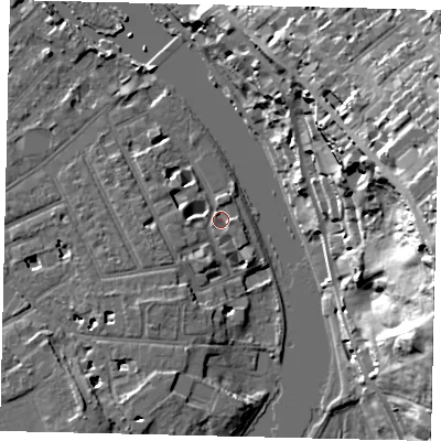 Shaded relief map of the ground around TW12TS, computed from Environment Agency LiDAR. The ground here sits at about 6 m above sea level and falls 37 m across the surrounding 800 m. Surface water reaching this point runs off ground lying to the west, 2.6 m higher.