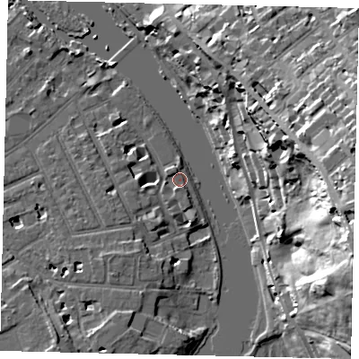 Shaded relief map of the ground around TW12TT, computed from Environment Agency LiDAR. The ground here sits at about 5 m above sea level and falls 39 m across the surrounding 800 m. Surface water reaching this point runs off ground lying to the south-south-west, 2.0 m higher.