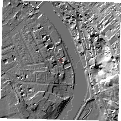 Shaded relief map of the ground around TW12TU, computed from Environment Agency LiDAR. The ground here sits at about 5 m above sea level and falls 39 m across the surrounding 800 m. Surface water reaching this point runs off ground lying to the west, 3.9 m higher.