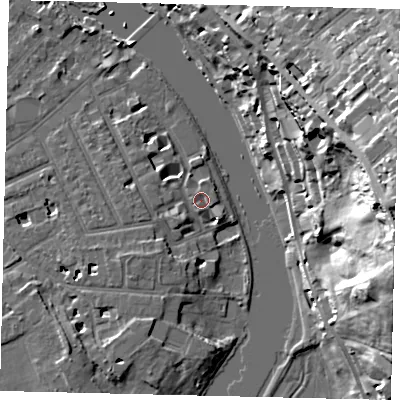 Shaded relief map of the ground around TW12TW, computed from Environment Agency LiDAR. The ground here sits at about 6 m above sea level and falls 38 m across the surrounding 800 m. Surface water reaching this point runs off ground lying to the west-south-west, 2.1 m higher.