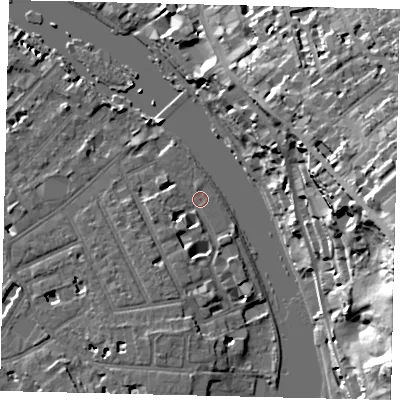 Shaded relief map of the ground around TW12TY, computed from Environment Agency LiDAR. The ground here sits at about 5 m above sea level and falls 35 m across the surrounding 800 m. Surface water reaching this point runs off ground lying to the west-south-west, 3.4 m higher.