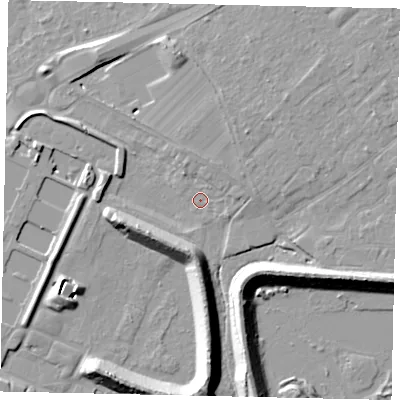 Shaded relief map of the ground around TW136SW, computed from Environment Agency LiDAR. The ground here sits at about 15 m above sea level and falls 11 m across the surrounding 800 m. Surface water reaching this point runs off ground lying to the north-east, 2.9 m higher.