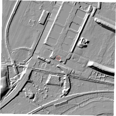 Shaded relief map of the ground around TW136XH, computed from Environment Agency LiDAR. The ground here sits at about 14 m above sea level and falls 11 m across the surrounding 800 m. Surface water reaching this point runs off ground lying to the north-west, 2.1 m higher.