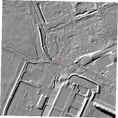 Shaded relief map of the ground around TW137ND, computed from Environment Agency LiDAR. The ground here sits at about 13 m above sea level and falls 11 m across the surrounding 800 m. Surface water reaching this point runs off ground lying to the north-east, 6.9 m higher.