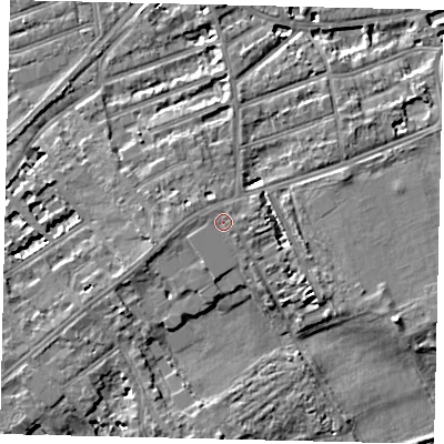 Shaded relief map of the ground around TW13BB, computed from Environment Agency LiDAR. The ground here sits at about 8 m above sea level and falls 7 m across the surrounding 800 m. Surface water reaching this point runs off ground lying to the west-south-west, 0.8 m higher.