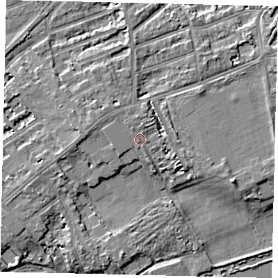 Shaded relief map of the ground around TW13BJ, computed from Environment Agency LiDAR. The ground here sits at about 8 m above sea level and falls 7 m across the surrounding 800 m. Surface water reaching this point runs off ground lying to the west-north-west, 1.0 m higher.
