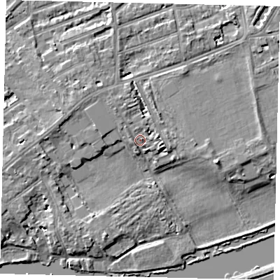 Shaded relief map of the ground around TW13BL, computed from Environment Agency LiDAR. The ground here sits at about 7 m above sea level and falls 6 m across the surrounding 800 m. Surface water reaching this point runs off ground lying to the west-south-west, 1.4 m higher.