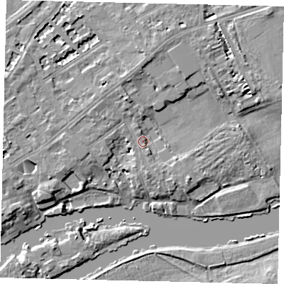 Shaded relief map of the ground around TW13DG, computed from Environment Agency LiDAR. The ground here sits at about 7 m above sea level and falls 7 m across the surrounding 800 m. Surface water reaching this point runs off ground lying to the north-north-west, 2.4 m higher.