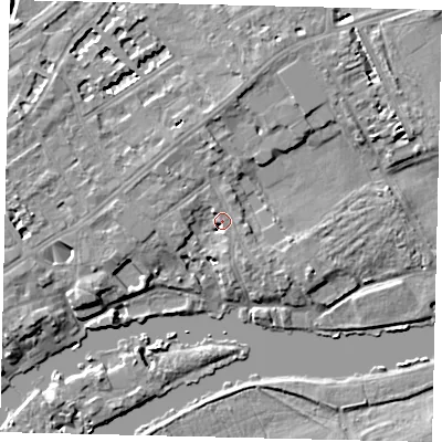 Shaded relief map of the ground around TW13DH, computed from Environment Agency LiDAR. The ground here sits at about 7 m above sea level and falls 7 m across the surrounding 800 m. Surface water reaching this point runs off ground lying to the north, 5.0 m higher.