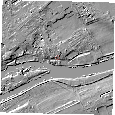 Shaded relief map of the ground around TW13DJ, computed from Environment Agency LiDAR. The ground here sits at about 6 m above sea level and falls 8 m across the surrounding 800 m. Surface water reaching this point runs off ground lying to the north-north-east, 3.6 m higher.