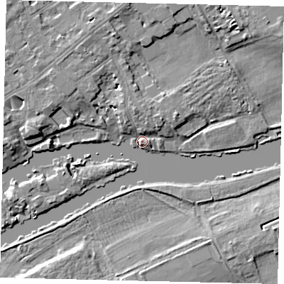 Shaded relief map of the ground around TW13DL, computed from Environment Agency LiDAR. The ground here sits at about 6 m above sea level and falls 7 m across the surrounding 800 m. Surface water reaching this point runs off ground lying to the north-north-west, 6.7 m higher.