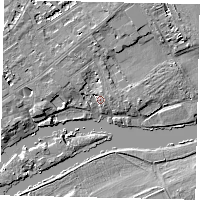 Shaded relief map of the ground around TW13DP, computed from Environment Agency LiDAR. The ground here sits at about 7 m above sea level and falls 7 m across the surrounding 800 m. Surface water reaching this point runs off ground lying to the north, 5.2 m higher.