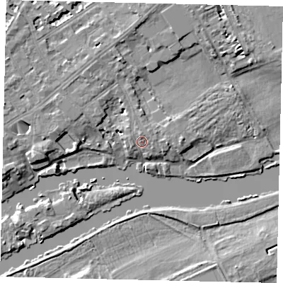 Shaded relief map of the ground around TW13DQ, computed from Environment Agency LiDAR. The ground here sits at about 7 m above sea level and falls 7 m across the surrounding 800 m. Surface water reaching this point runs off ground lying to the north, 1.2 m higher.