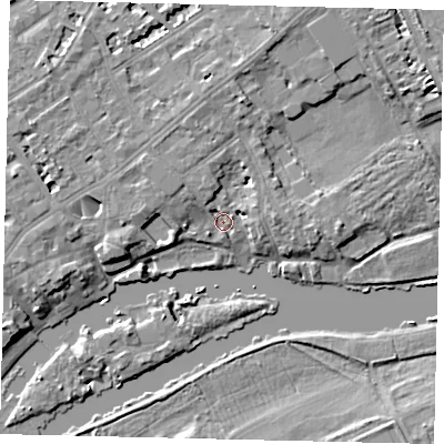 Shaded relief map of the ground around TW13DR, computed from Environment Agency LiDAR. The ground here sits at about 5 m above sea level and falls 7 m across the surrounding 800 m. Surface water reaching this point runs off ground lying to the north, 5.0 m higher.