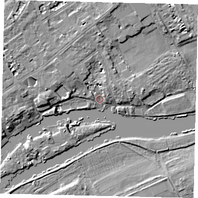 Shaded relief map of the ground around TW13DS, computed from Environment Agency LiDAR. The ground here sits at about 5 m above sea level and falls 7 m across the surrounding 800 m. Surface water reaching this point runs off ground lying to the north, 5.2 m higher.