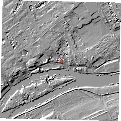 Shaded relief map of the ground around TW13DT, computed from Environment Agency LiDAR. The ground here sits at about 6 m above sea level and falls 7 m across the surrounding 800 m. Surface water reaching this point runs off ground lying to the north-west, 3.3 m higher.