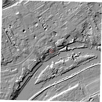 Shaded relief map of the ground around TW13DU, computed from Environment Agency LiDAR. The ground here sits at about 7 m above sea level and falls 8 m across the surrounding 800 m. Surface water reaching this point runs off ground lying to the west, 2.8 m higher.
