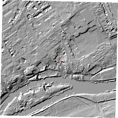 Shaded relief map of the ground around TW13DW, computed from Environment Agency LiDAR. The ground here sits at about 6 m above sea level and falls 7 m across the surrounding 800 m. Surface water reaching this point runs off ground lying to the north, 5.0 m higher.